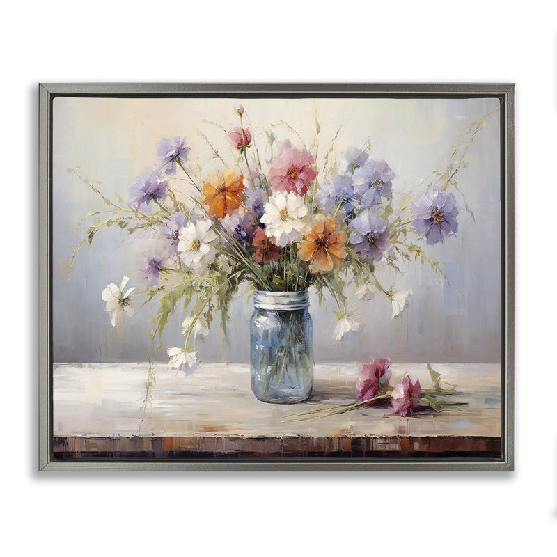  «Wildflowers in Country Jar», art mural encadré par Franklyn Gregory, H 17 po x l 21 po, Cadre flottant gris lustré