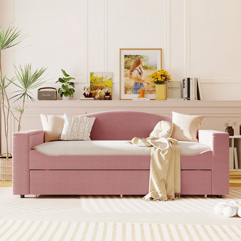 Teddy Fleece Upholstered Daybed with Storage Armrests, Trundle and Latest Integrated Bluetooth Audio System, Twin, Pink