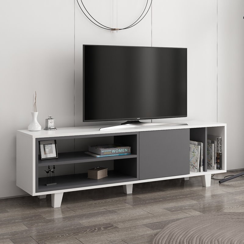 Meuble télé scandinave blanc avec anthracite 63,0 po x 13,8 po x 19,1 po | 100% panneau de particules enduit de mélamine, épaisseur: 0,7 pouce | Comprend de nombreuses tablettes et une conception murale | Élégant et fonctionnel pour les salons modernes