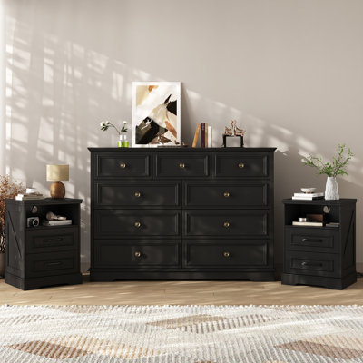 Meserve 3-piece Bedroom Set - 9 Drawer50.3" W Double Dresser  2 2-drawer Nightstand Set With Charging Station