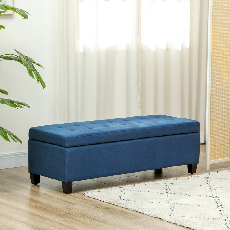 Banc d'entrée en tissu de lin et pieds en bois, décor contemporain bleu