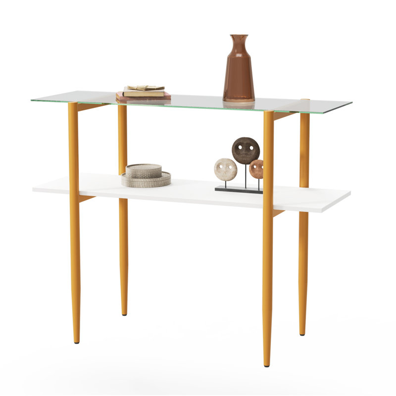 Glass Sofa Table, Mid-century Modern Entryway Table With Tempered Glass & Golden Legs, 2-tier Behind Couch Table For Living Room Hallway Entrance, White