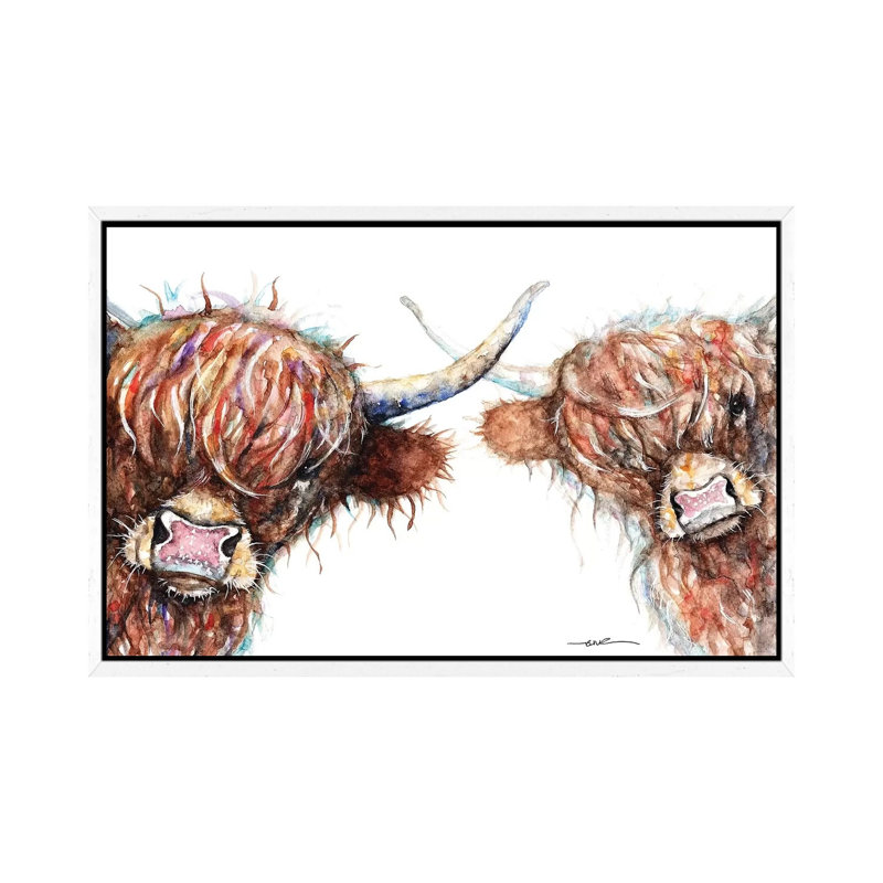 Curious Highland Cows - Painting on Canvas, 45.72cm H x 66.04cm W x 3.81cm D, White Framed