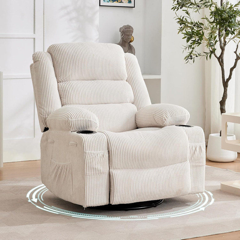 360° Swivel Rocking Recliner Chair with Corduroy Upholstery, Cup Holder & Side Pocket, Deep Seat Oversized Lazy Boy for Living Room, Nursery