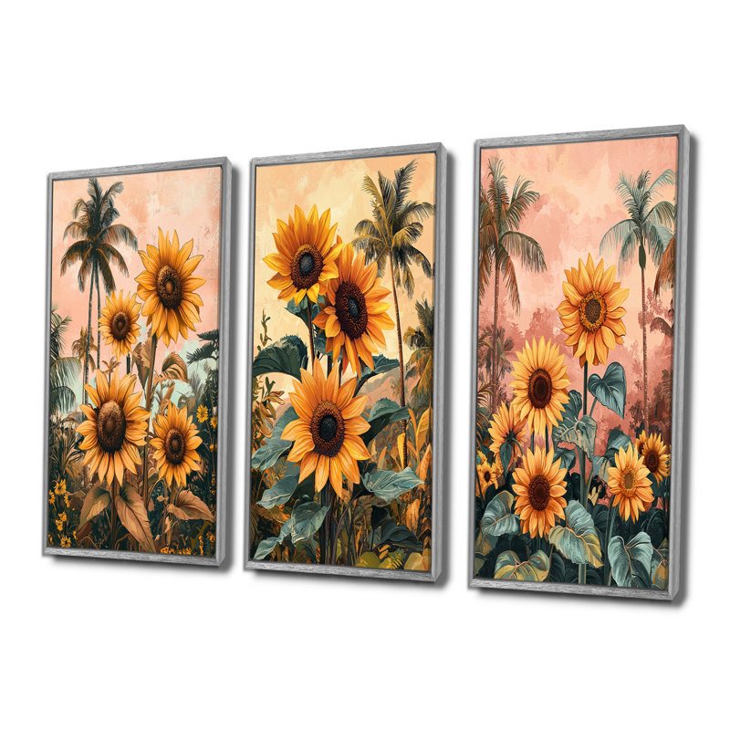 Champ de tournesols tropicaux dans le sud I - Collection d'art mural de tournesols, H 28 po x l 36 po, Argent argent