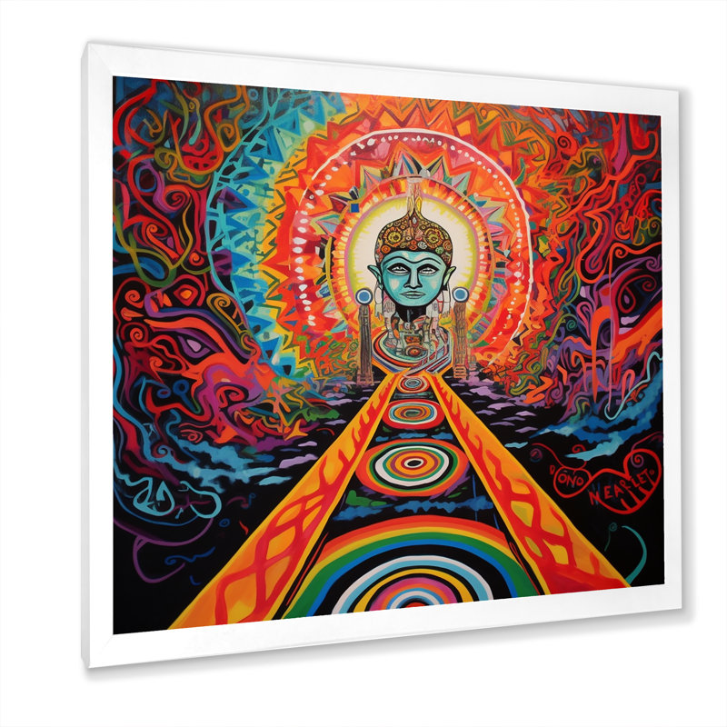" Buddha Street Art The Obstacle Is The Path ", White Single Picture Framed, 24" H x 24" W x 1" D