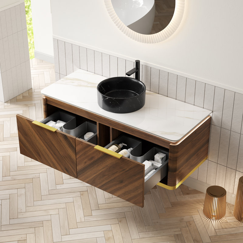 Meuble-lavabo et lavabo pour salle de bain 48 po Dipa, armoire de rangement en contreplaqué flottant, tiroirs avec poignée et capteur de lumière, vasque en céramique à motif de pierre noire et plateau en pierre frittée, pré-assemblé, couleur grain de bois noyer foncé