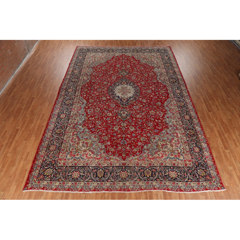 Tapis unique rouge / gris des années 1970 de 10 pi 11 po x 16 pi 0 po