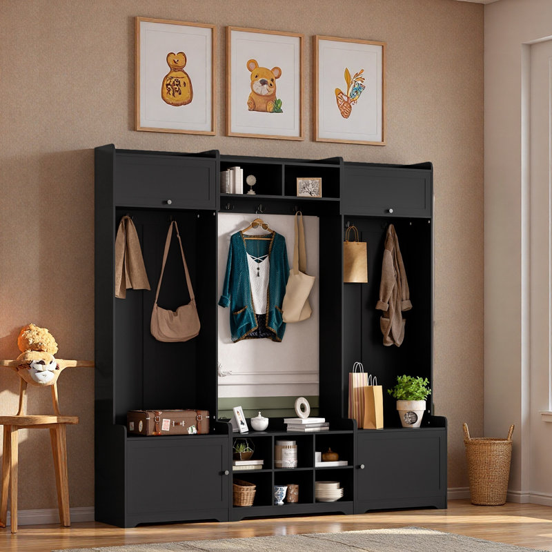 Hall Tree With Bench And Storage Cabinets, Entryway Organizer With Hooks, Seating, And Anti-Tip Kit, Durable Mdf Construction