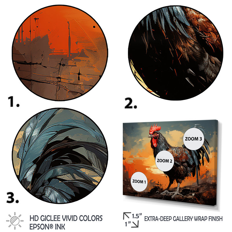 Coucher de soleil coqs de ferme I - Art mural coq, H 12 po x l 20 po x P 1 po, Cadre flottant noir