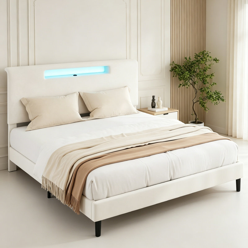 Lit plateforme tapissier avec tête de lit et lattes de bois, base de lit très grand, Blanc, Très grand lit