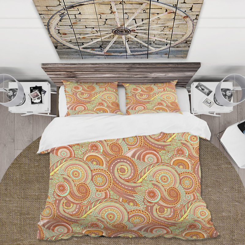 Paisley en orange et vert - Ensemble de housse de couette bohémien - Microfibre de polyester