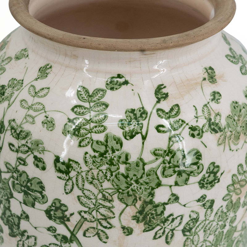 White Ceramic Flower Vase With Green Floral Pattern, 14.6" H x 7.7" W x 7.7" D