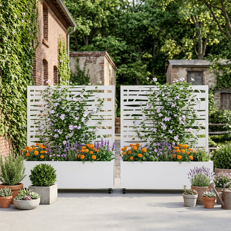 Boîte à fleurs en métal avec treillis et roues, H 47 po x l 47 po x P 16 po, Blanc