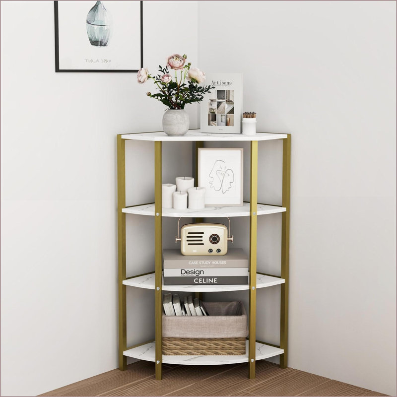 Bibliothèque, étagère d'angle rustique à 4 niveaux | Métal robuste | Gain de place pour le salon, le bureau | Rustique | Bureau