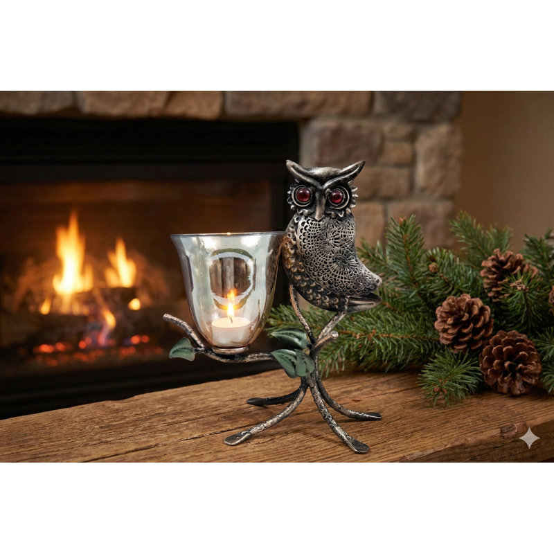 13" Handcrafted Iron Owl Candle Holder – Rustic Woodland Pillar Stand with Ruby Red Eyes