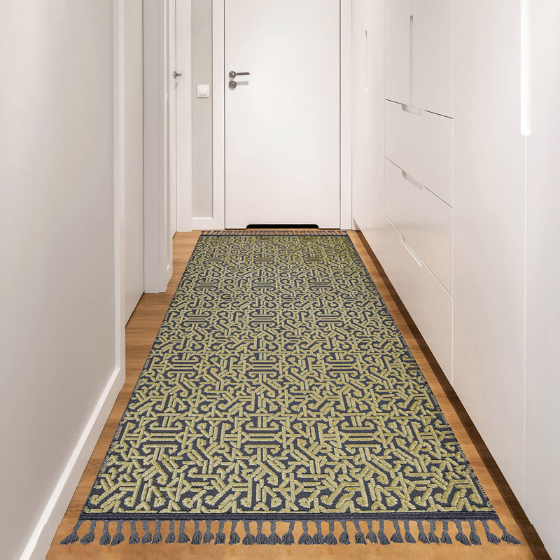 Tapis jaune / gris en coton tissé à la machine Syne, Tapis de couloir 3 pi 11 po x 16 pi 5 po
