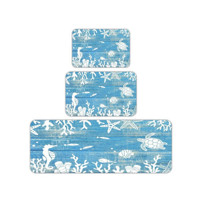 Blue White Ocean Kitchen Mat 3 Pc Set for Kitchen & Bathroom