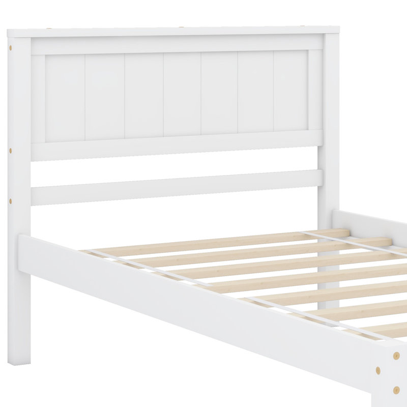 Base de lit plateforme en bois avec tête de lit, pied de lit et lattes en bois, Lit simple, Blanc