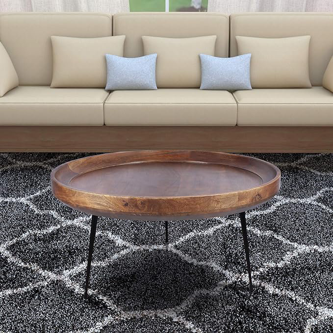  Table basse ronde en bois de manguier Gia avec pieds en métal brun noir