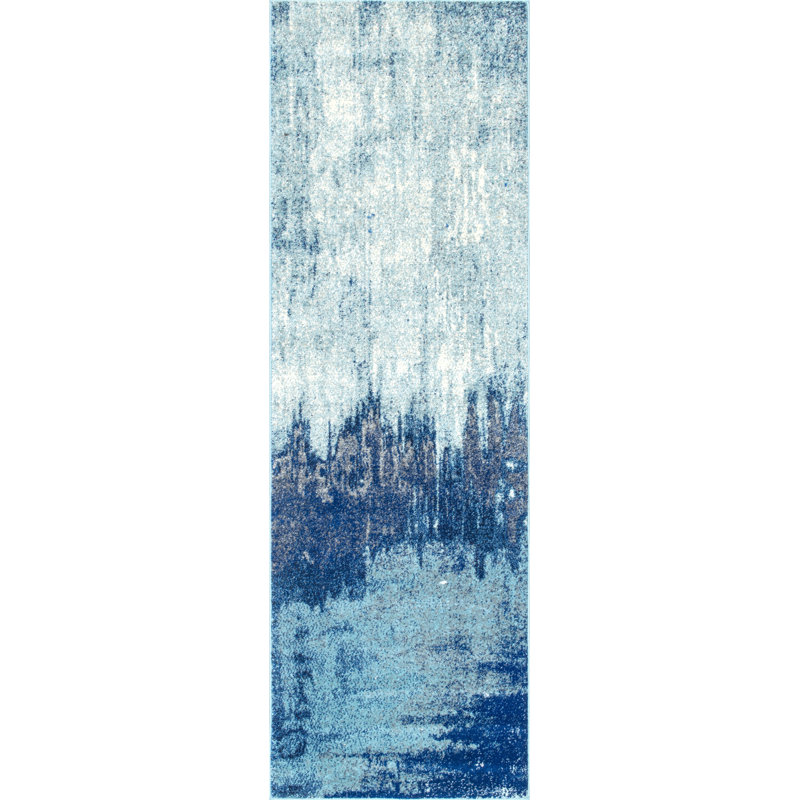 Tapis de couloir à motif abstrait pour le salon, la chambre à coucher, la salle à manger, le vestibule, le couloir ou la cuisine Gleno, bleu / ivoire