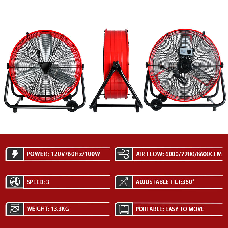 Tambour industriel robuste de 24 pouces à 3 vitesses à grande vitesse, Rouge