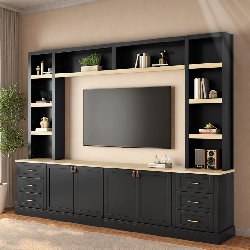 Meuble télé 4 pièces avec tablettes réglables et 6 tiroirs, Noir
