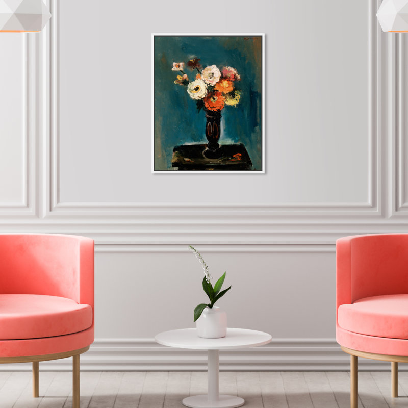 Fleurs par Joseph Kutter - Peinture, H 20 po x l 17 po, Toile avec cadre blanc