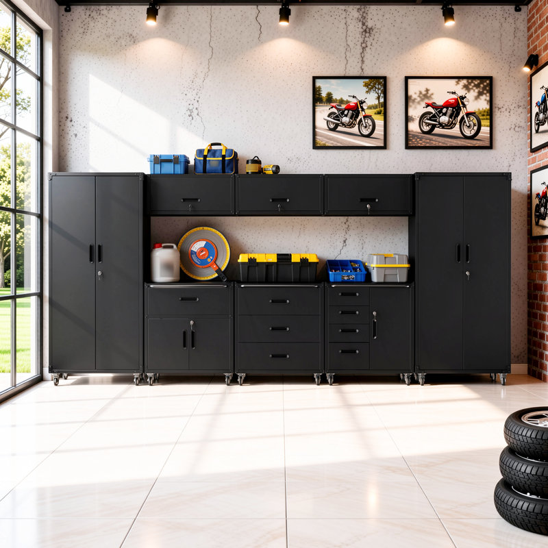 Ensemble de rangement pour garage 8 pièces, comprenant des armoires métalliques à roulettes, 3 armoires murales, 2 armoires à panneaux perforés et un coffre à outils verrouillable.