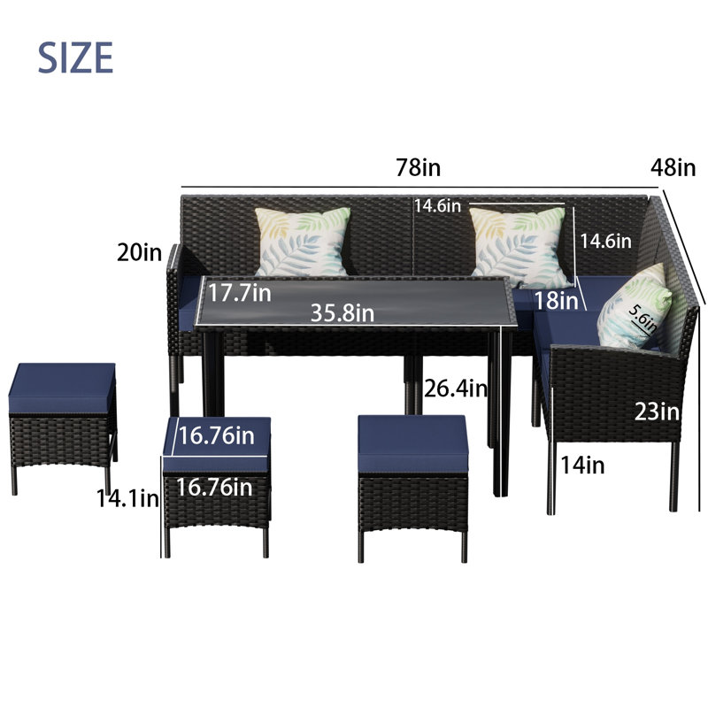 Ensemble de 7 pièces de mobilier d'extérieur pour petit patio, Bleu