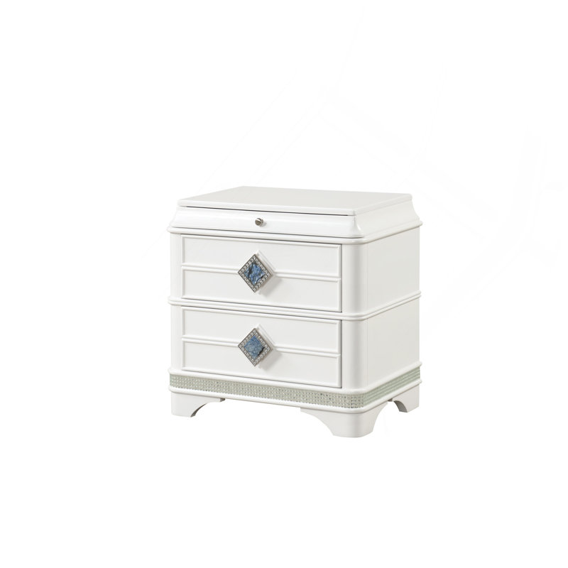 Table de chevet à 2 tiroirs de style moderne en bois, tiroir dissimulé et détails en cristal blanc