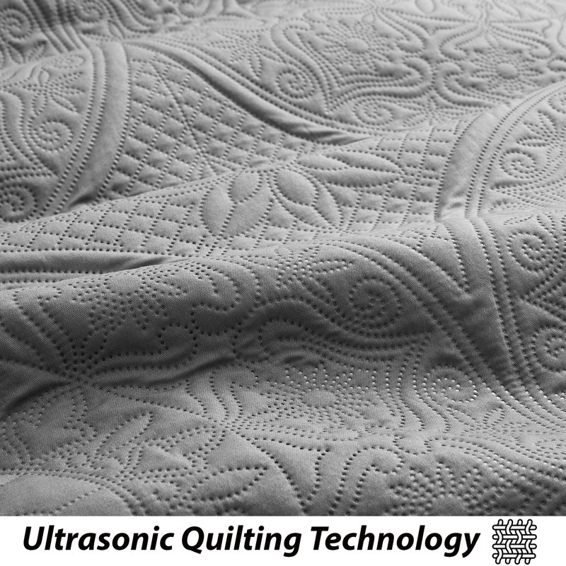 Floral Embossed Microfiber Quilted Bedspread Set, Gray, King Coverlet/Bedspread + 2 King Pillowcases