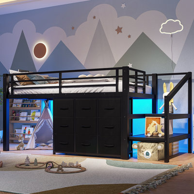 Twin Low Loft Bed with Multi-Storage Spaces, Including Fabric Drawers, Fabric Shelves Beside the Bed, Storage Stairs, Metal Loft Bed with Lights