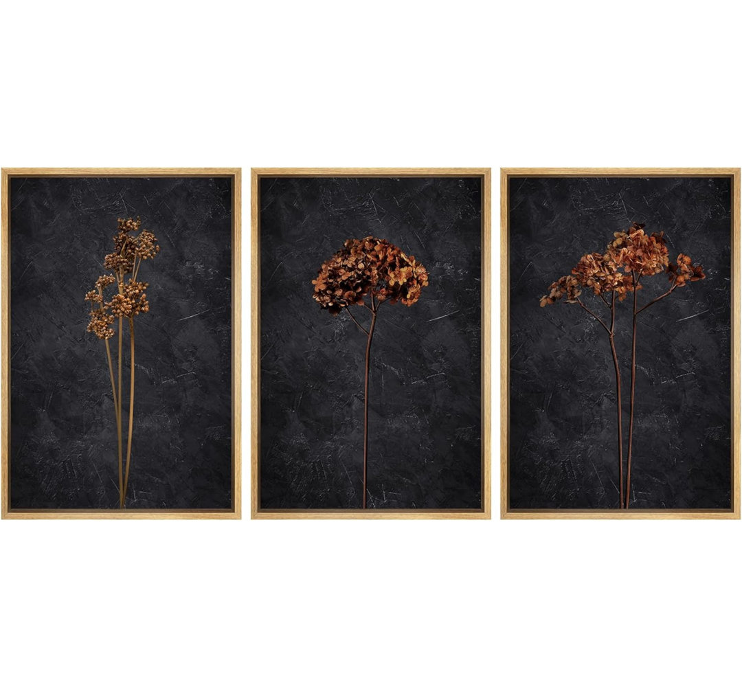 Grunge Moody Flower Minimalist Floral and Botanical Framed Canvas 3 Pieces Set Print Wall Art IDEA4WALL Frame 