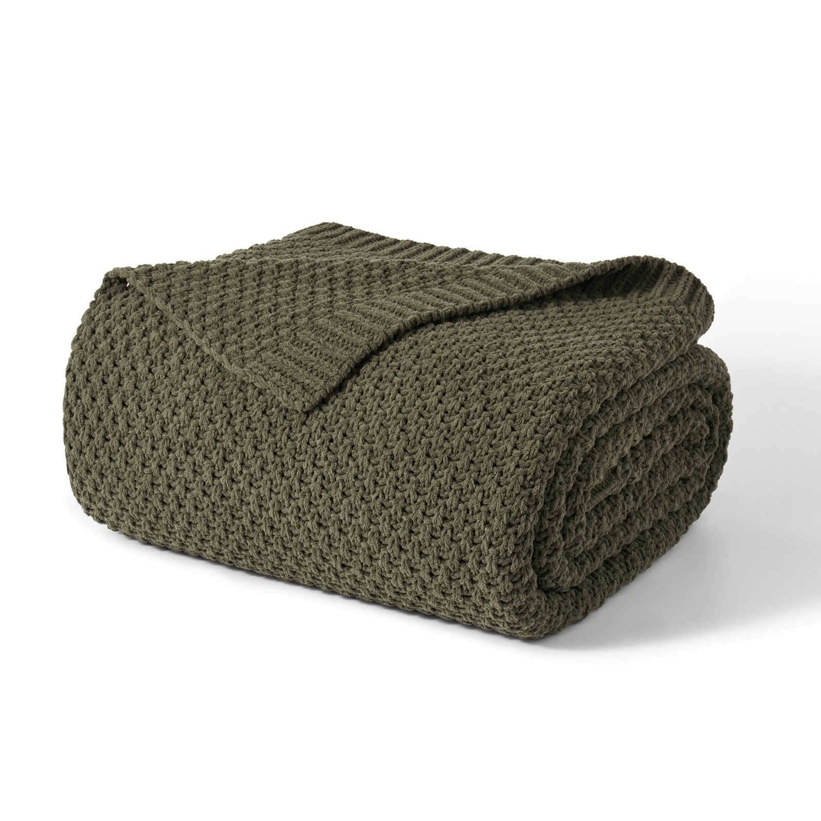 Chunky Chenille Knit Throw Blanket, Olive Green, 108" L x 92" W