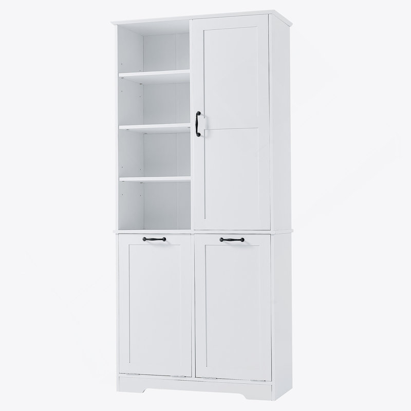 Armoire de rangement pour salle de bain avec portes et tiroirs, panier à linge inclinable, plusieurs espaces de rangement, style autoportant, tablette ouverte, tablette réglable