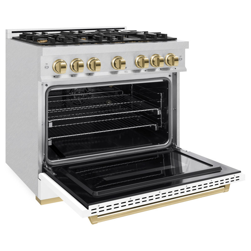 ZLINE Autograph 36" Classic DuraSnow Gas Range w/ Black Door & Bronze Accents, Gold/White