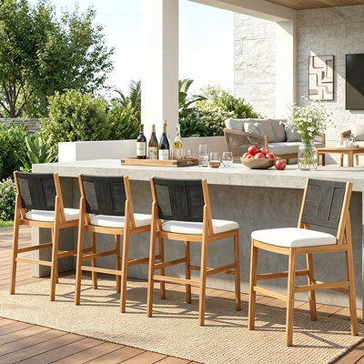 Ensemble de tabourets de bar 4 pièces en bois d'acacia massif et osier tissé, durable et élégant pour le patio et le balcon