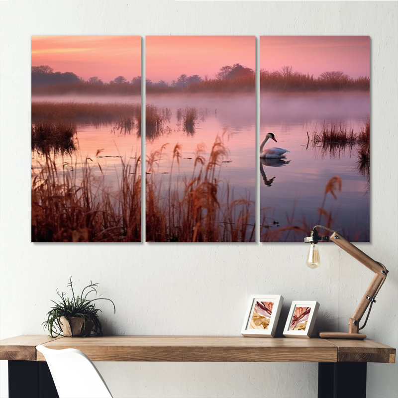 Cygnes roses au coucher du soleil sur toile, reproduction de 3 pièces, H 28 po x l 36 po x P 1 po
