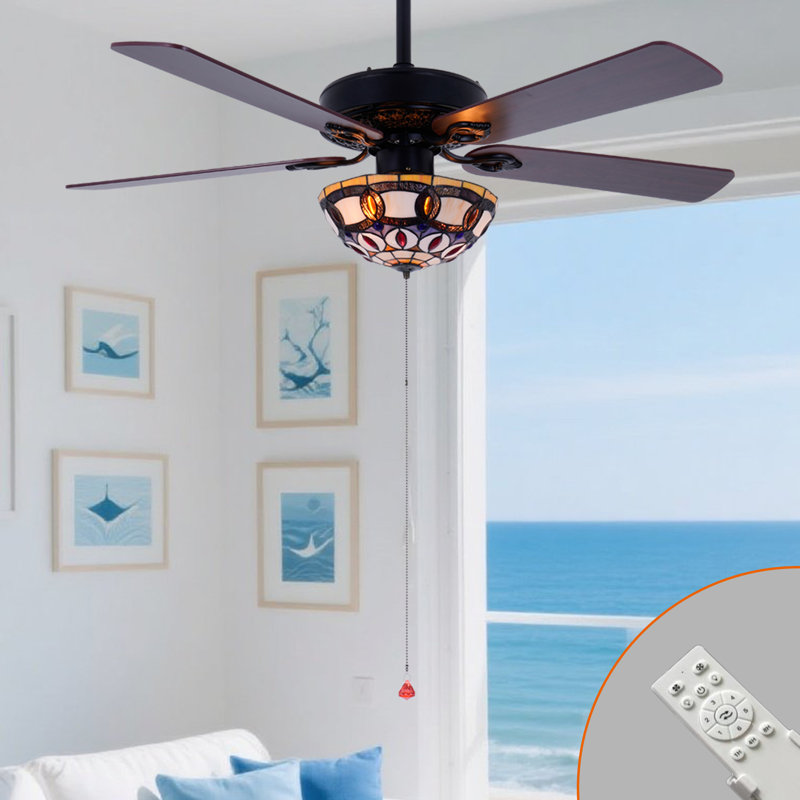 46 Inch Traditional Ceiling Fan With Light And Remote, Reversible Motor, 5 Wood Blades, Tiffany Glass Shade – Vintage Bronze Finish