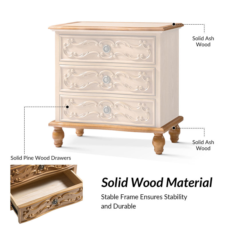 Arelys 26"W Carved Fronts 3-Drawer Traditional End Table with Charge Station USB Ports, Oak