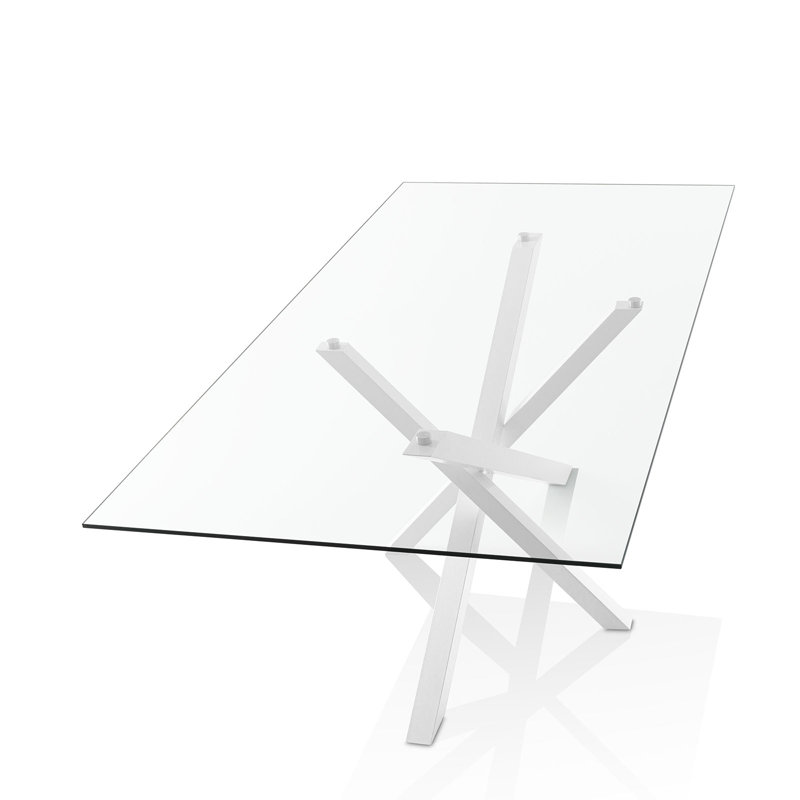Goree Rectangular Glass Top Dining Table with Iron Base, White Matt