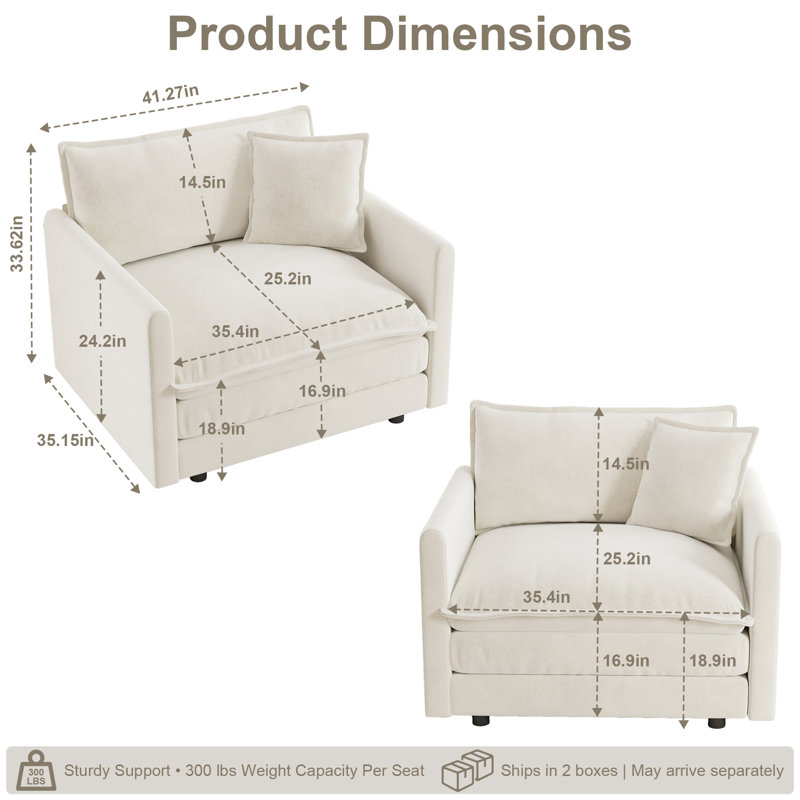 Canapé de 41 po à assise simple en chenille avec coussin profond et coussins décoratifs de 41 po de profondeur, Blanc