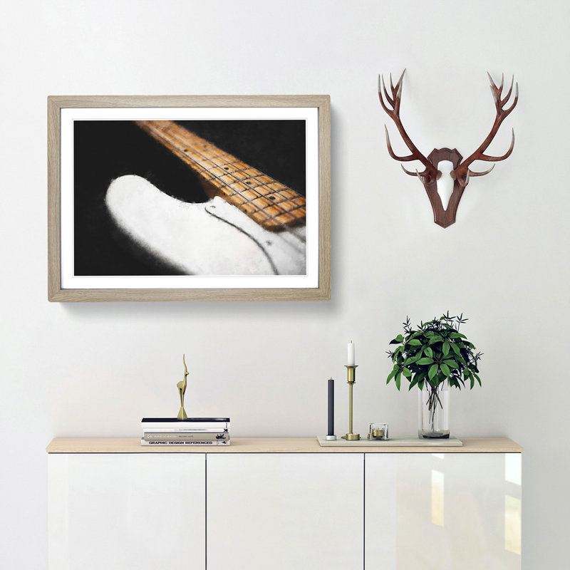 Strings of a White Bass Guitar - Picture Frame Graphic Art Print, 33cm H x 45cm W x 2cm D, Oak Framed