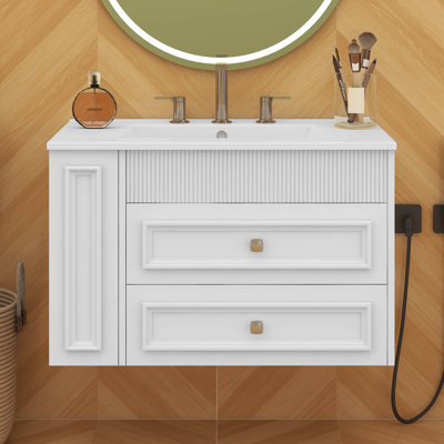 Meuble-lavabo mural 30 po, meuble-lavabo flottant avec lavabo en céramique, armoire de rangement avec 2 tiroirs