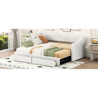 Beige, lit de jour rembourré, très grand lit simple, tiroirs de rangement, excellente expérience d'assise, lattes de bois pour matelas extensibles, rembourré, dossier et support de soutien ergonomique très grand, tissu doux