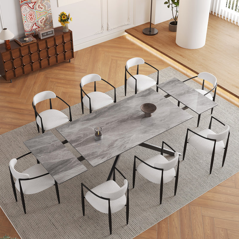 Louida 9 - Piece 110.24" Extendable Sintered Stone Dining Table with 8 Fabric Chairs Dining Set, White/Black, Gray