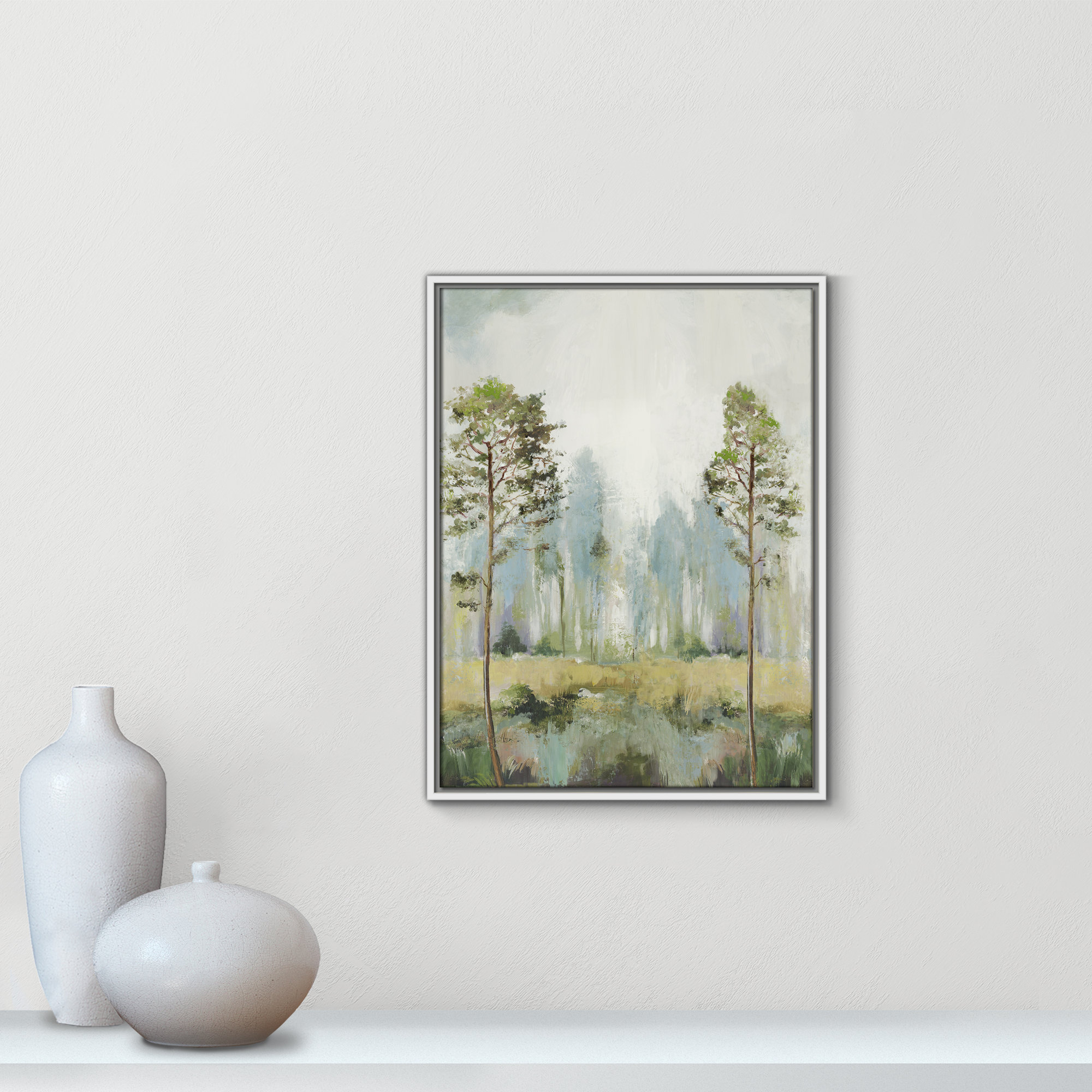 Tall Green Trees II by Teton Pearce - Floater Frame Print on Canvas, White, 25.5" H x 19.5" W