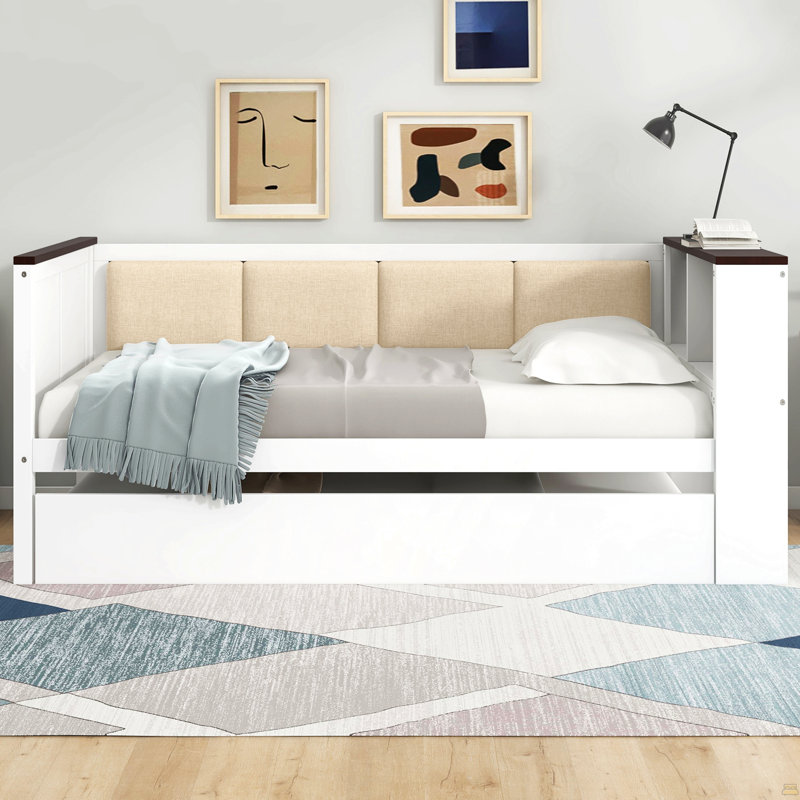 Lit de jour simple en bois avec tablettes de rangement, dossier rembourré, port USB et lit gigogne, Lit simple