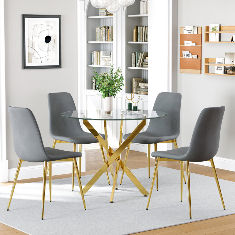 Round Glass Dining Table Set, 36" Clear Tempered Glass Tabletop With 4 Velvet Dining Chairs(Set Of 5), Gold/Gray/Gold